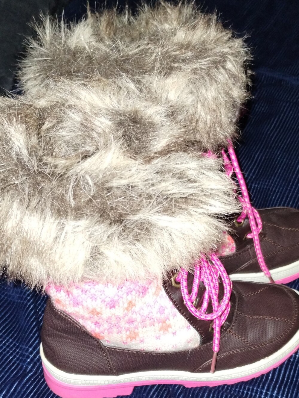 Justice Brown Faux-Fur Winter Boots with Hot Pink Detail.